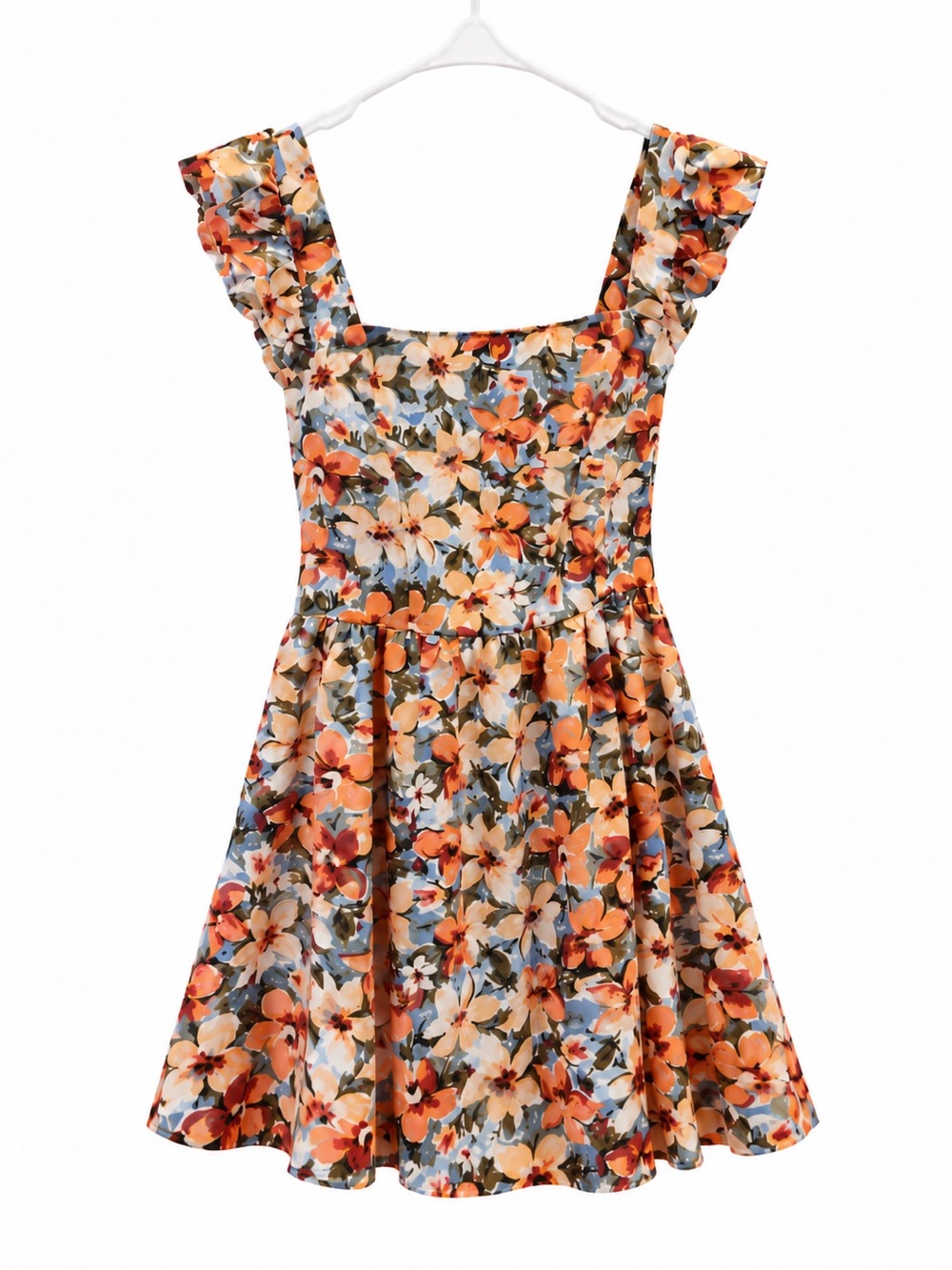Floral Square-Neck Sundress in Orange Blue